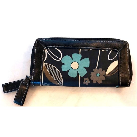Womens Billfold Wallet Black Floral Unbranded Vinyl Zipper 4"X8" Multi-Sections - Picture 2 of 8